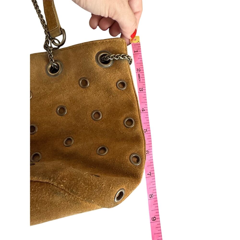Vintage Karl Marc John Camel Suede Grommet Chain Shoulder French Boho Purse - Picture 6 of 11